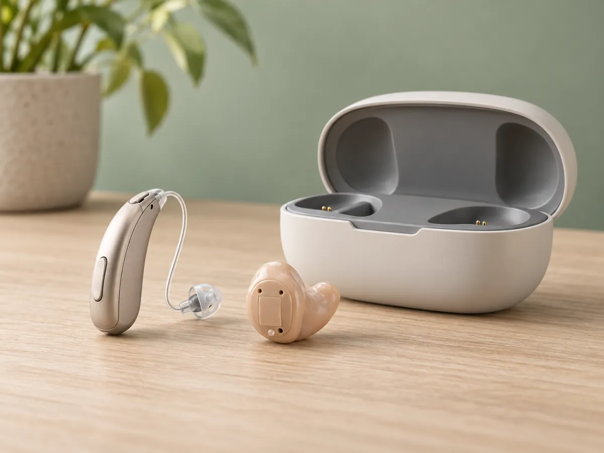 Gamme d’aides auditives contour d’oreille et intra-auriculaires avec leur chargeur