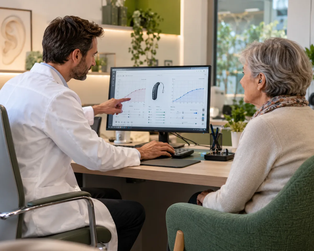 Audioprothésiste qui règle une aide auditive sur ordinateur avec un patient