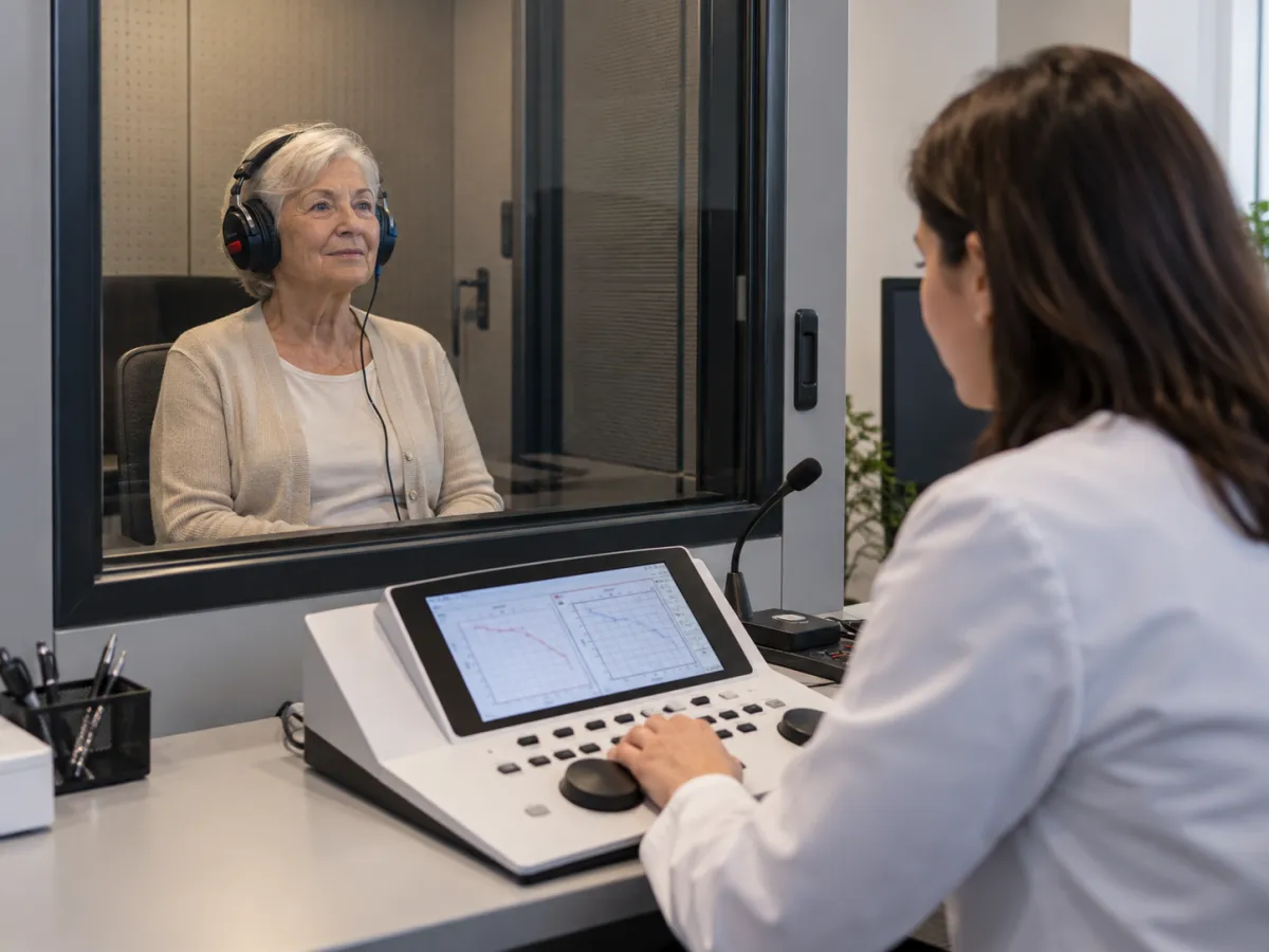 Test auditif au casque dans la cabine du centre AudioCare