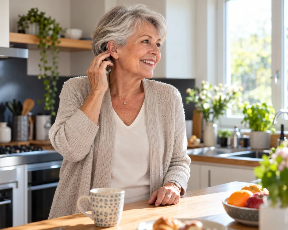 Femme senior qui essaie ses nouvelles aides auditives chez elle