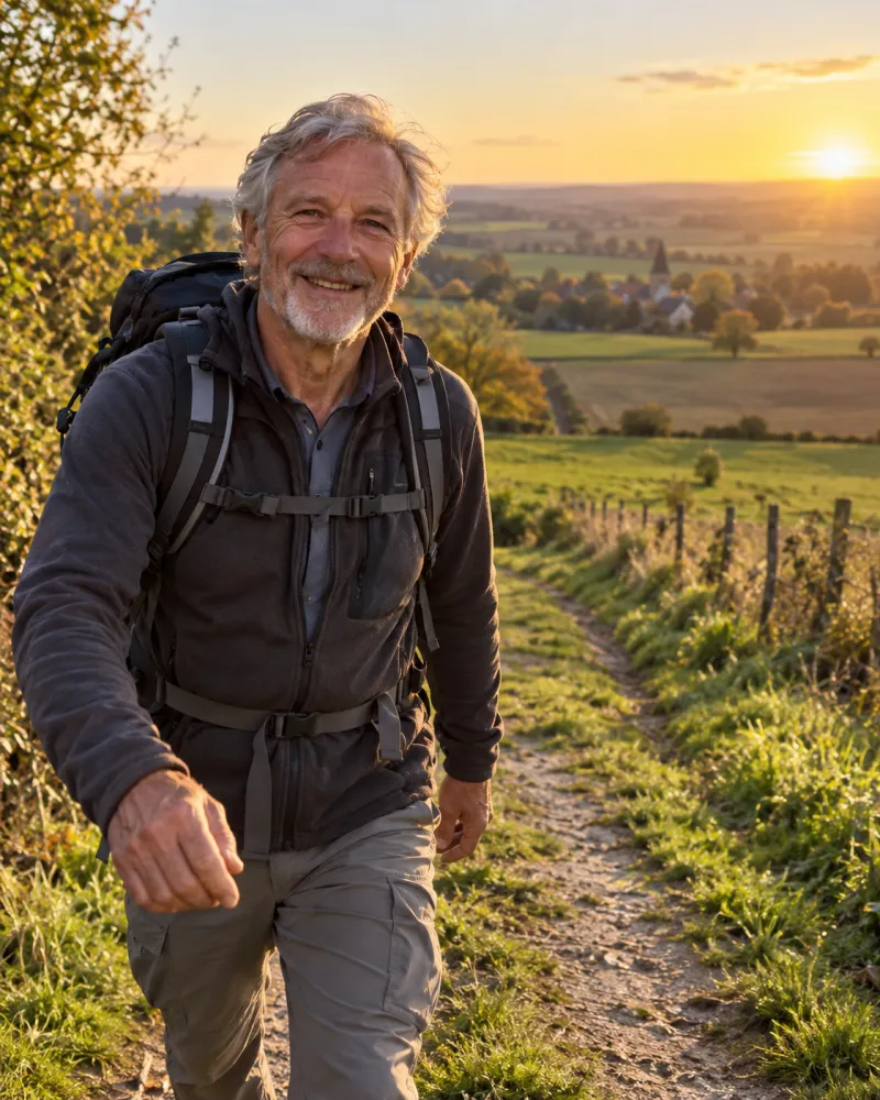 Homme senior en randonnée, souriant, en pleine nature