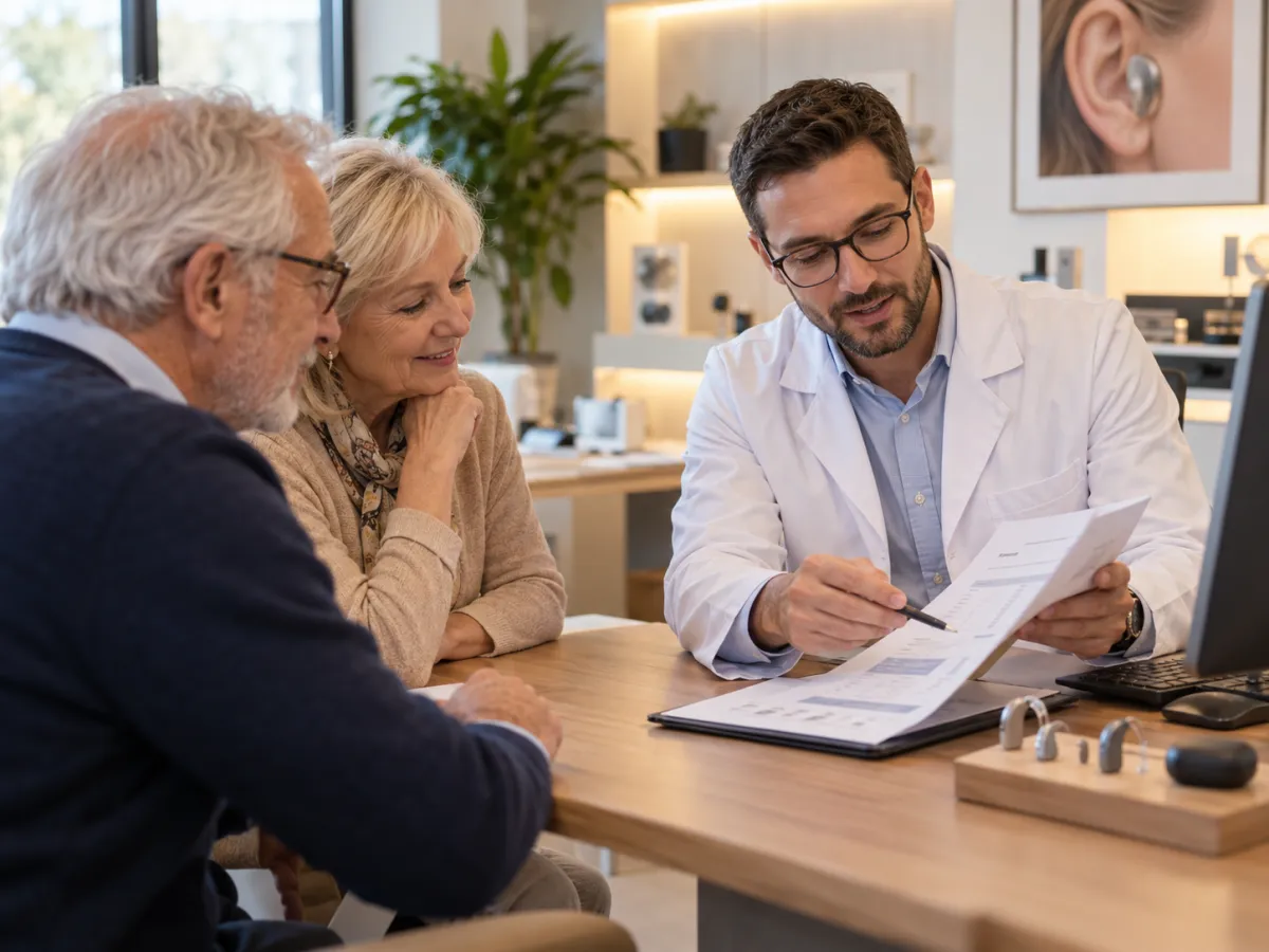 Audioprothésiste qui explique un devis d’appareils auditifs à un couple de seniors