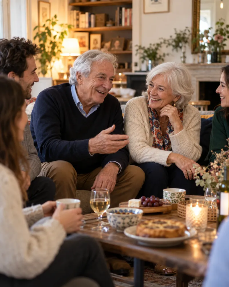 Couple de seniors souriants qui discutent en famille