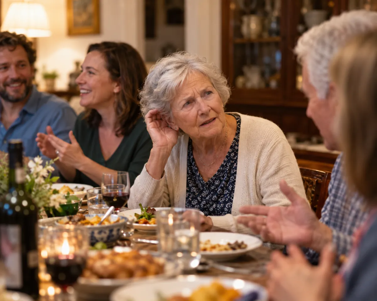 Femme senior qui tend l’oreille pendant une conversation à table